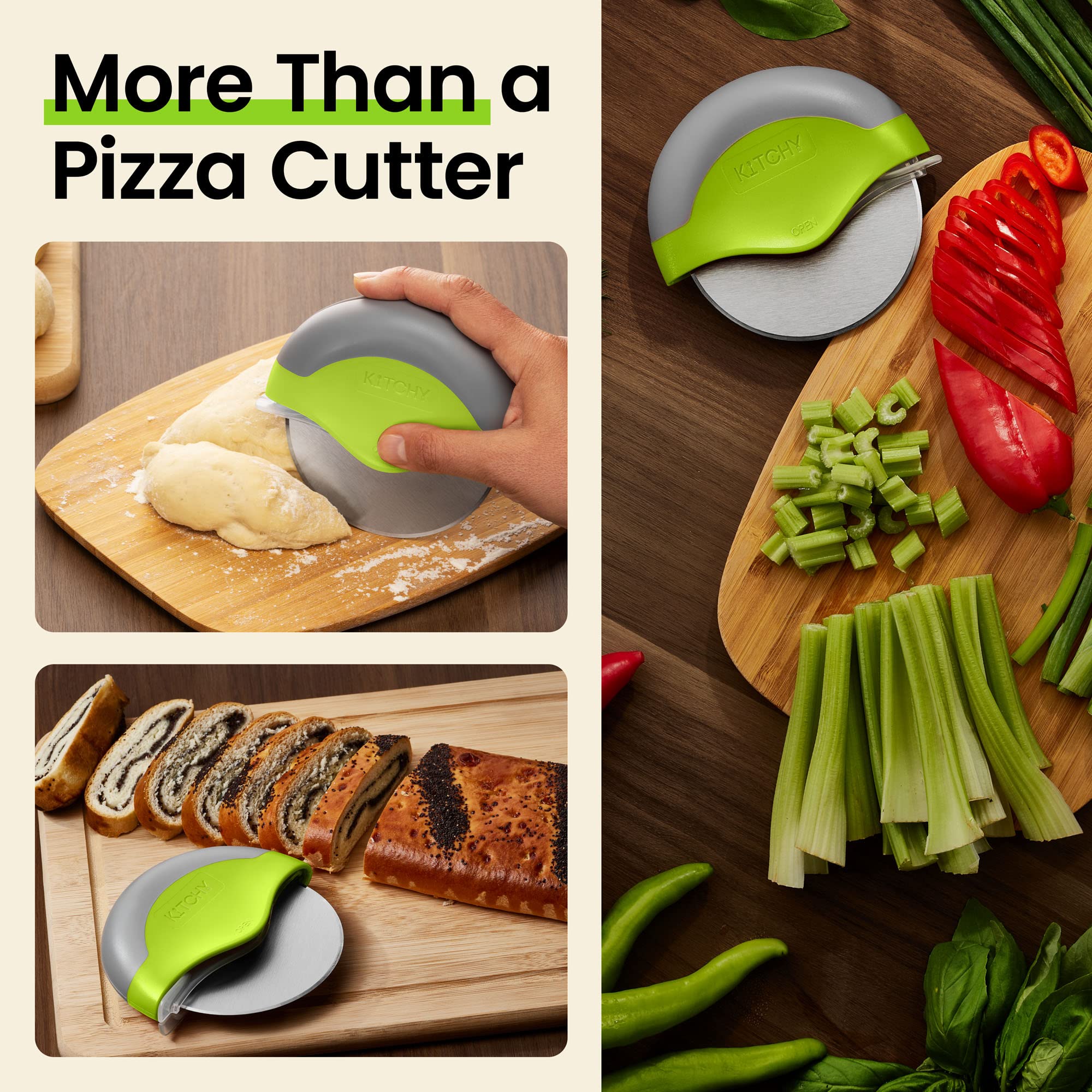 Kitchy pizza cutter in green adds compact, convenient design to meals.