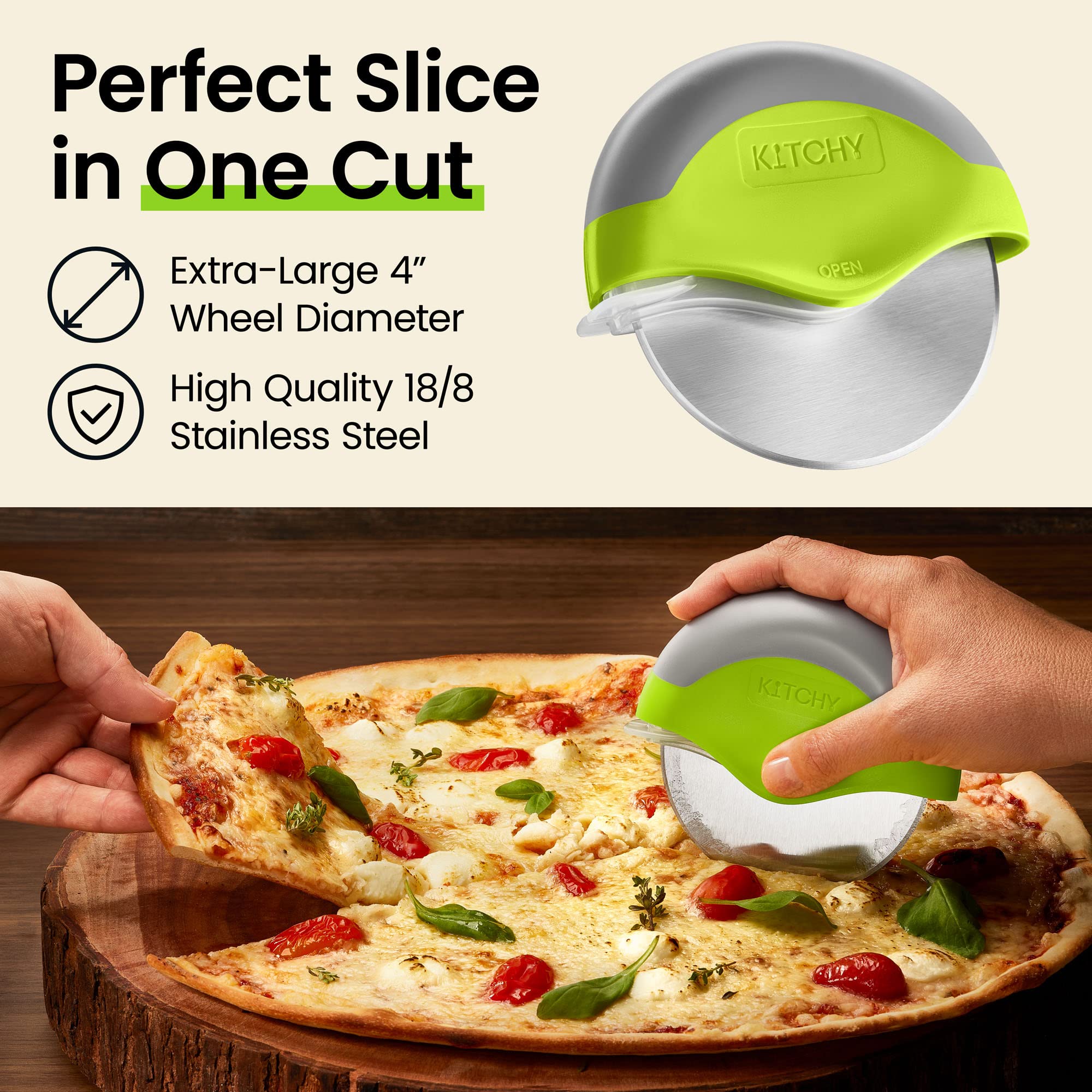 Kitchy pizza cutter disassembles for thorough cleaning and dishwasher-safe care.