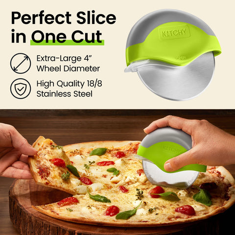 Kitchy pizza cutter disassembles for thorough cleaning and dishwasher-safe care.