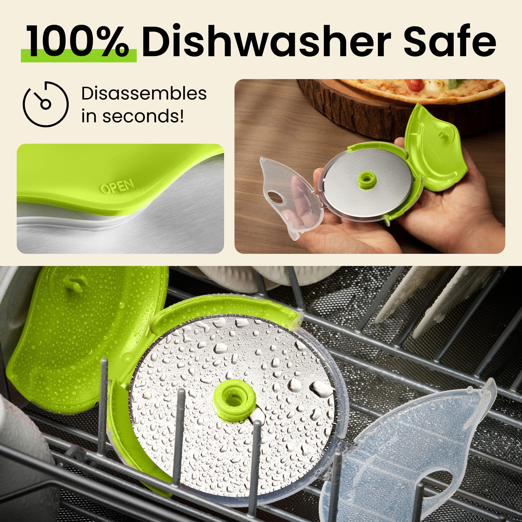 Kitchy pizza cutter features a large cutting wheel for clean slices.