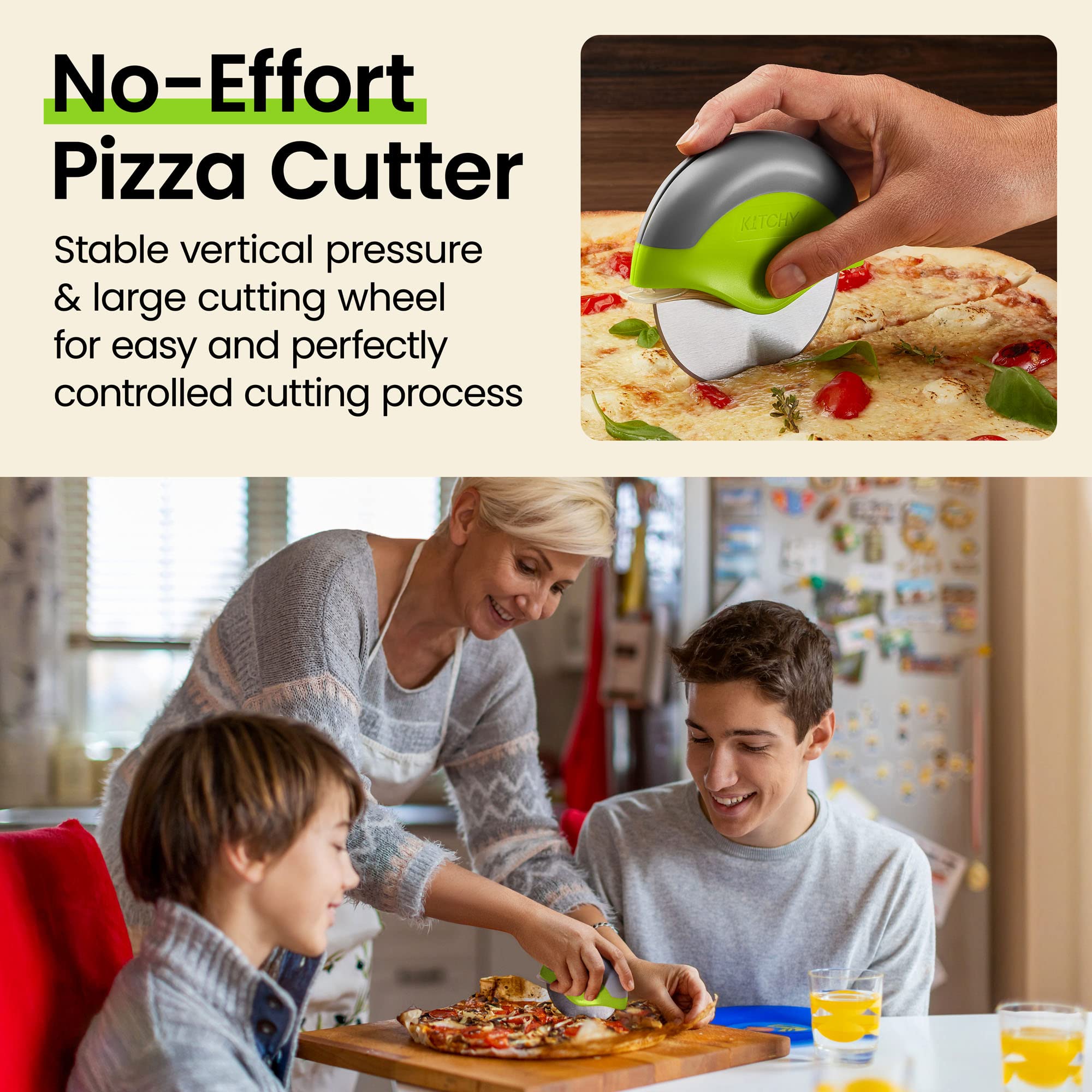 Kitchy pizza cutter shown with protective blade cover for safe storage.