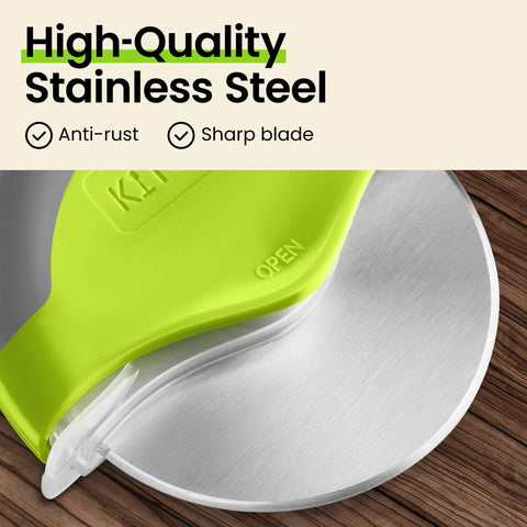 Kitchy pizza cutter demonstrates stable vertical pressure for even cuts.