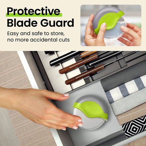 Kitchy pizza cutter stored using blade guard in a drawer.