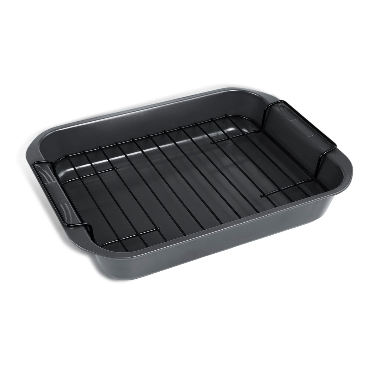 kitCom Bakeware roaster with rack elevates meat for fat drainage.
