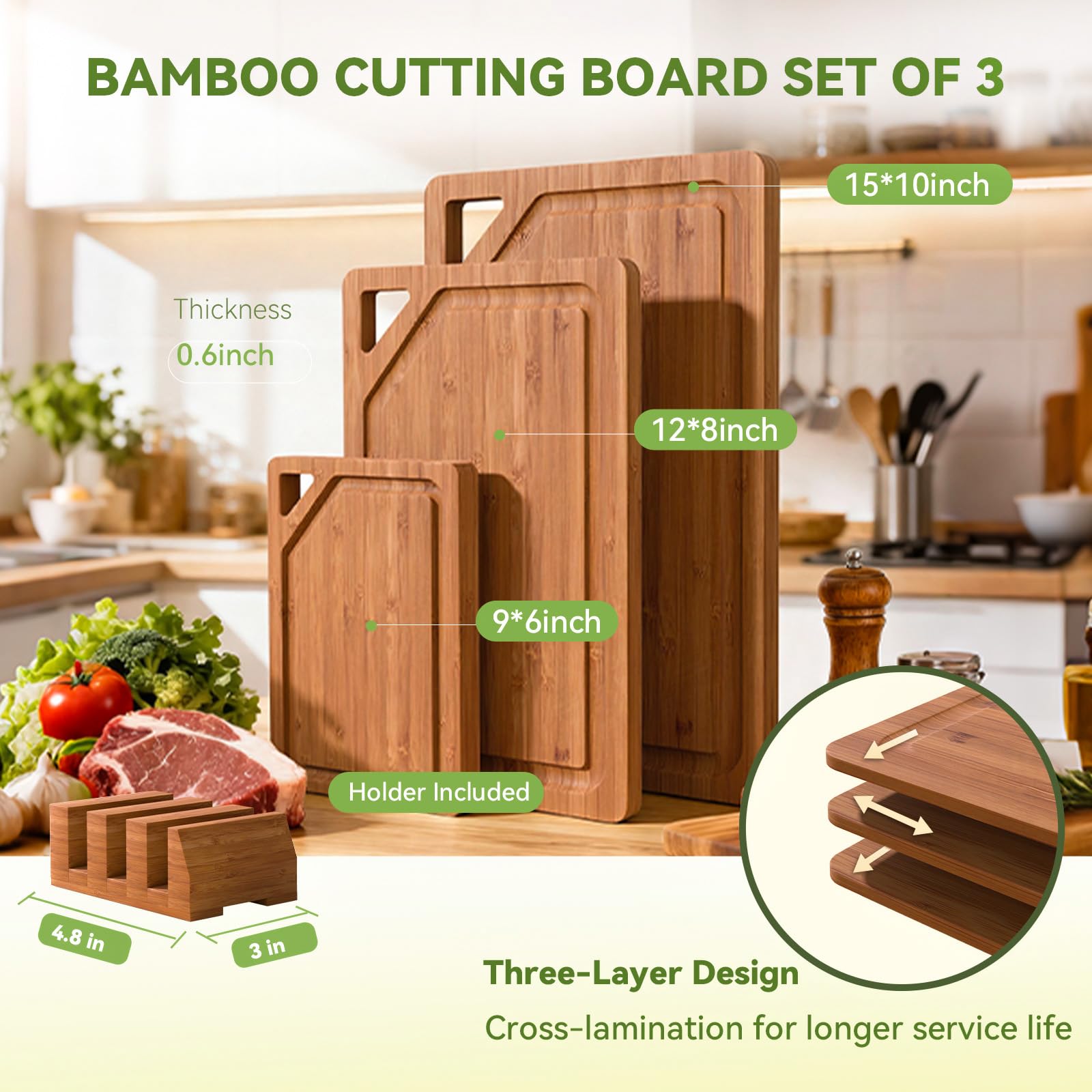 KITCWIZ bamboo cutting boards medium with juice grooves for fruit and veggie prep