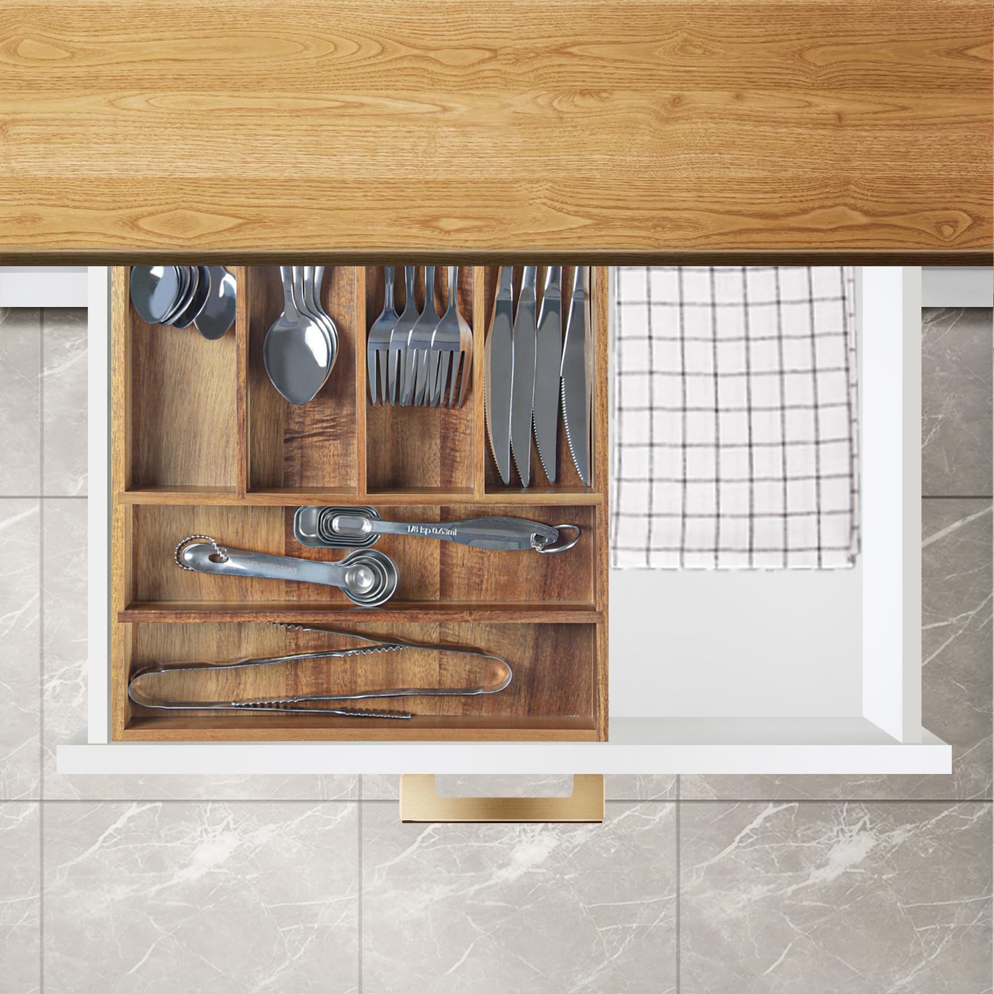 KITEISCAT Durable acacia tray fits standard drawers for easy access.