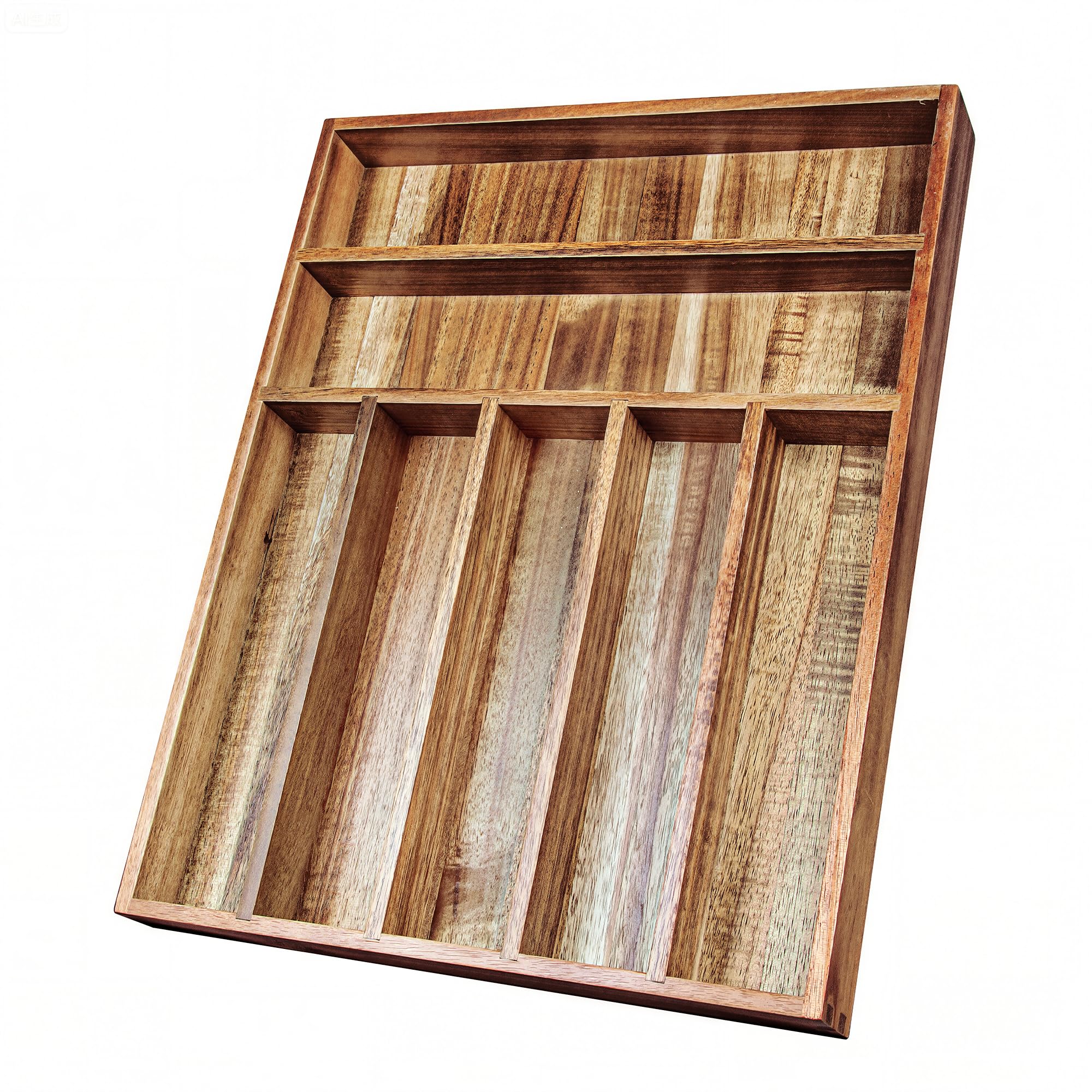 KITEISCAT Acacia Wood Silverware Organizer top view with seven compartments for easy access