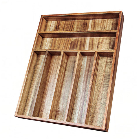 KITEISCAT Acacia Wood Silverware Organizer top view with seven compartments for easy access