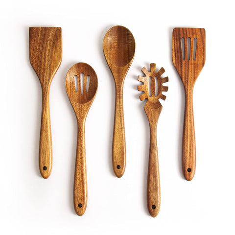 KITEISCAT Acacia spoons collection in natural wood finish for non stick cookware.