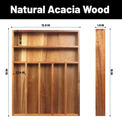 KITEISCAT Acacia wood tray shows seven compartments for spoons and forks