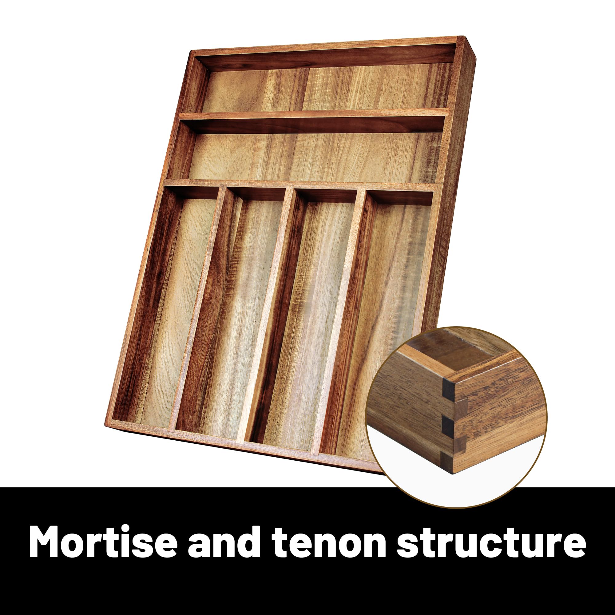 KITEISCAT Acacia wood drawer organizer for a tidy kitchen workspace.