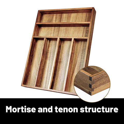 KITEISCAT Acacia wood drawer organizer for a tidy kitchen workspace.