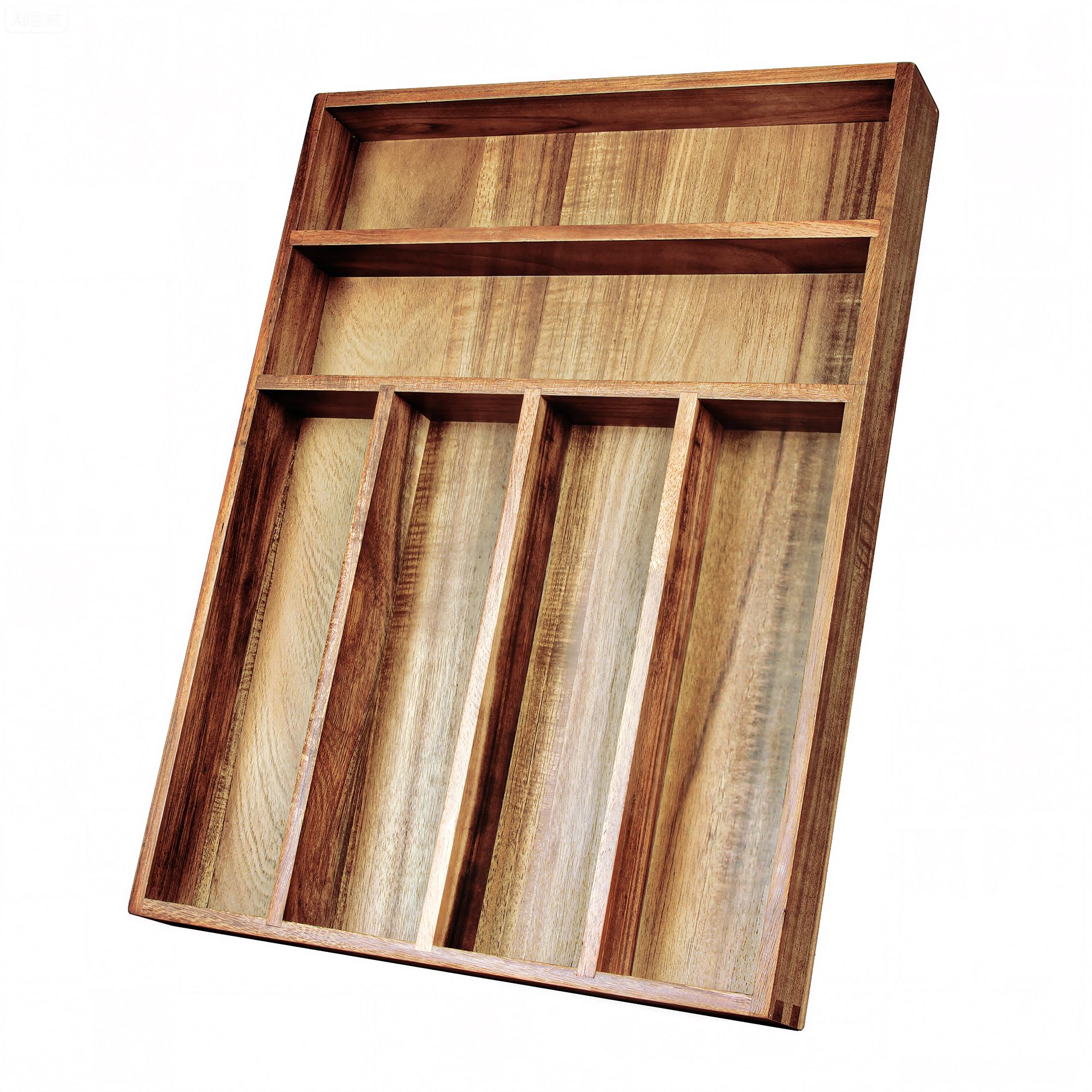 KITEISCAT Acacia wood silverware organizer showing six compartments for organized drawers.