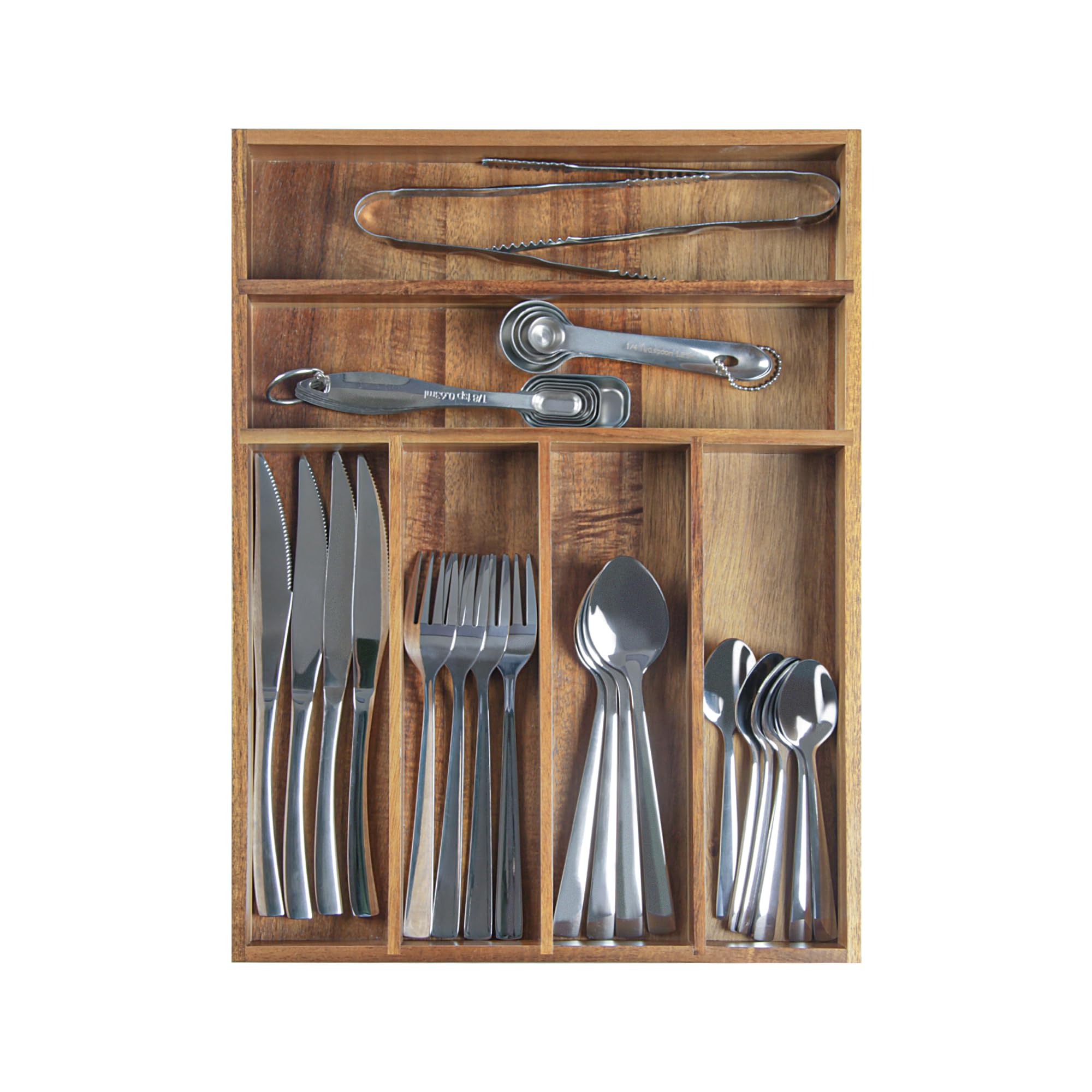 KITEISCAT Wooden kitchen drawer organizer highlights natural grain and practical utensil sorting.