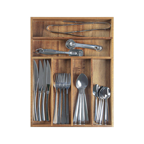 KITEISCAT Wooden kitchen drawer organizer highlights natural grain and practical utensil sorting.
