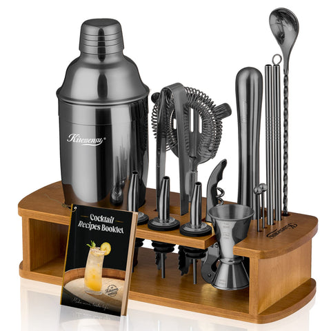KITESSENSU cocktail shaker set on a stand enhances home bar organization.