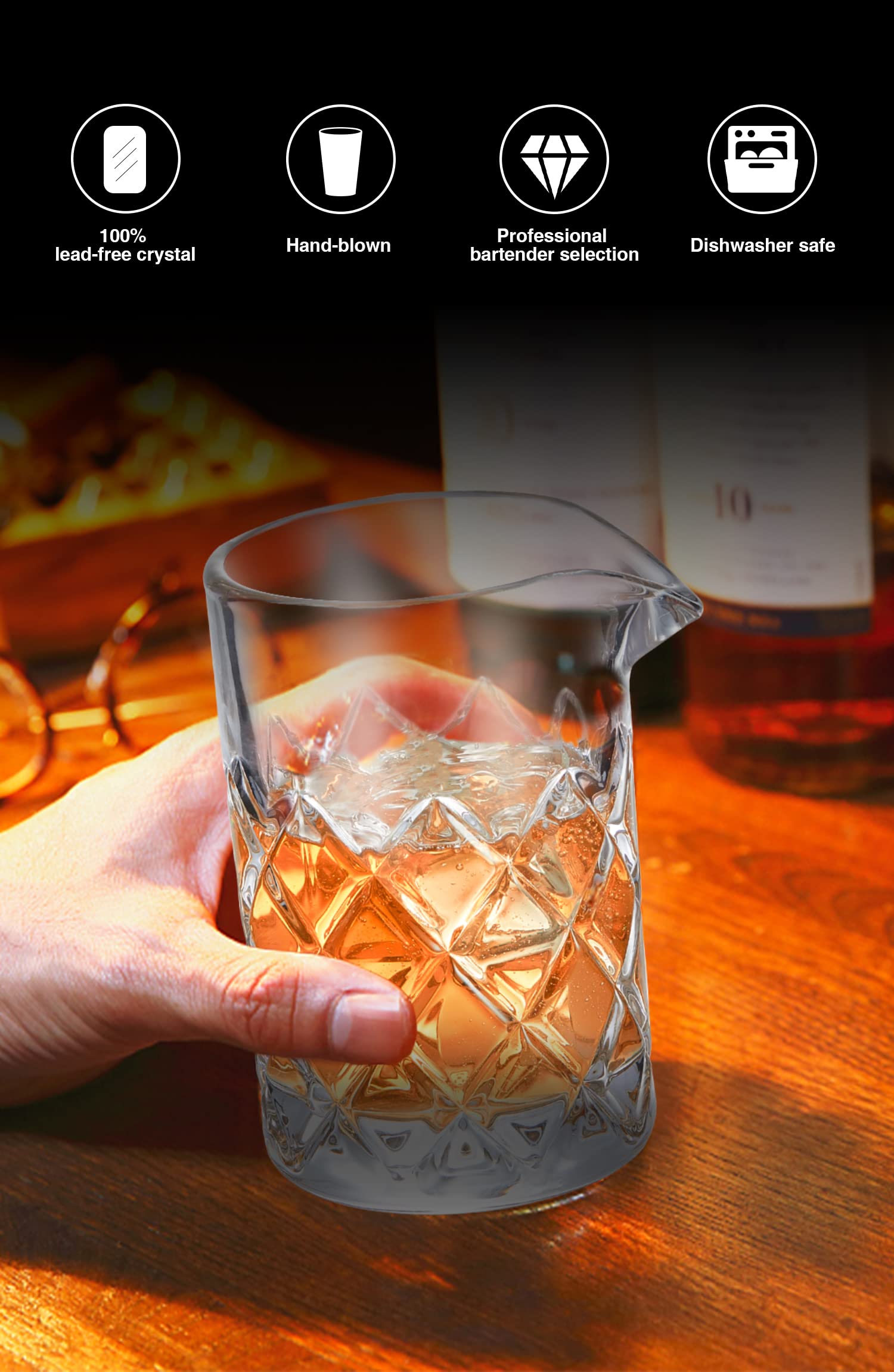 Lead-free crystal lets you see ingredients clearly while mixing.