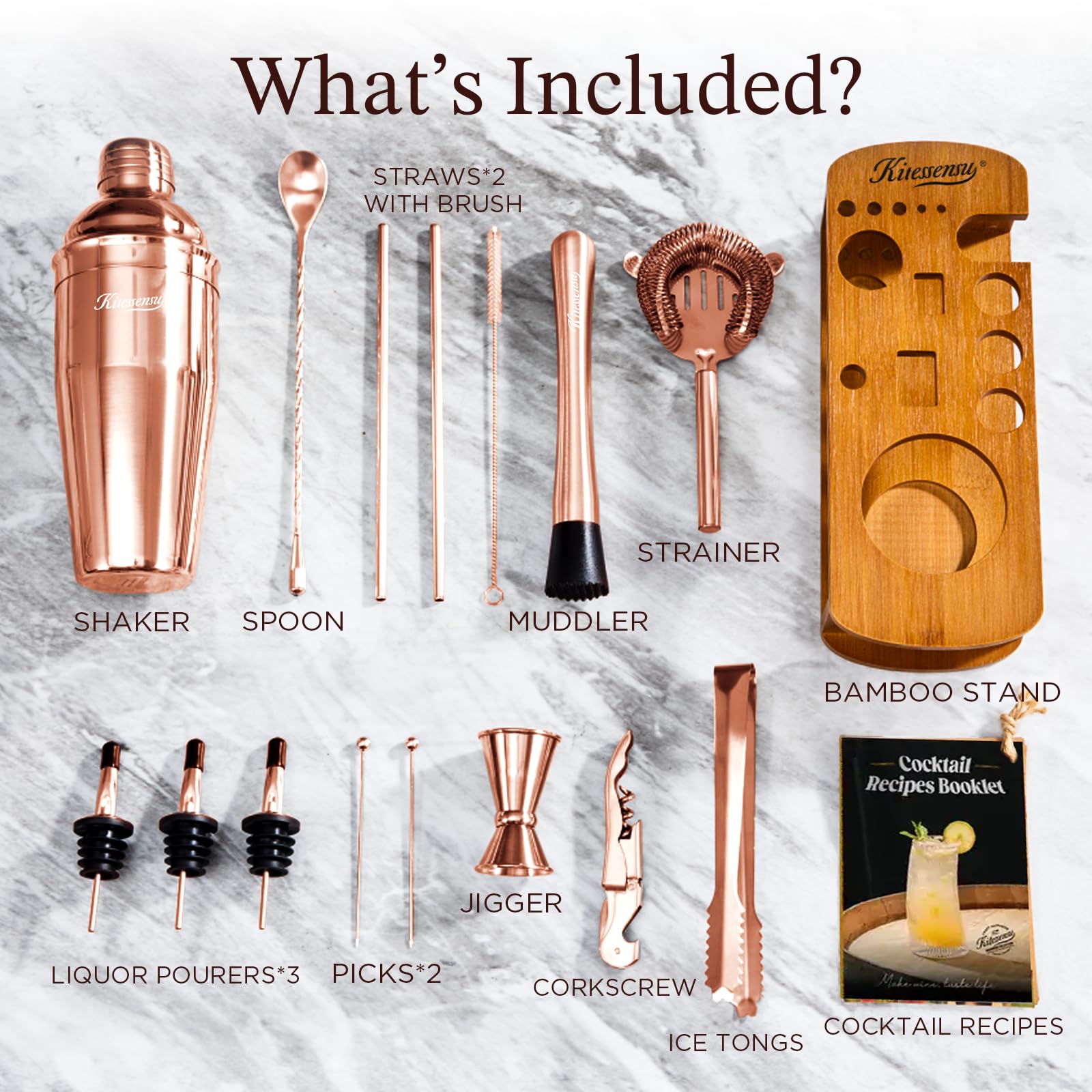 KITESSENSU shaker, spoon, jigger, and strainer arranged for an efficient bar workflow