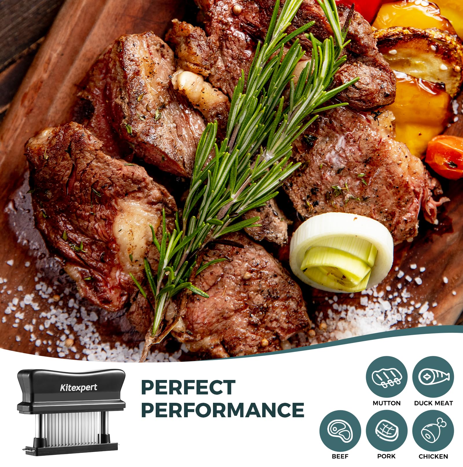 Kitexpert tenderizer in action tenderizes chicken and steak evenly.