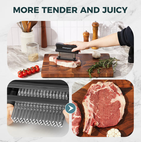 Kitexpert meat tenderizer showing stainless steel needles ready to pierce tougher fibers.