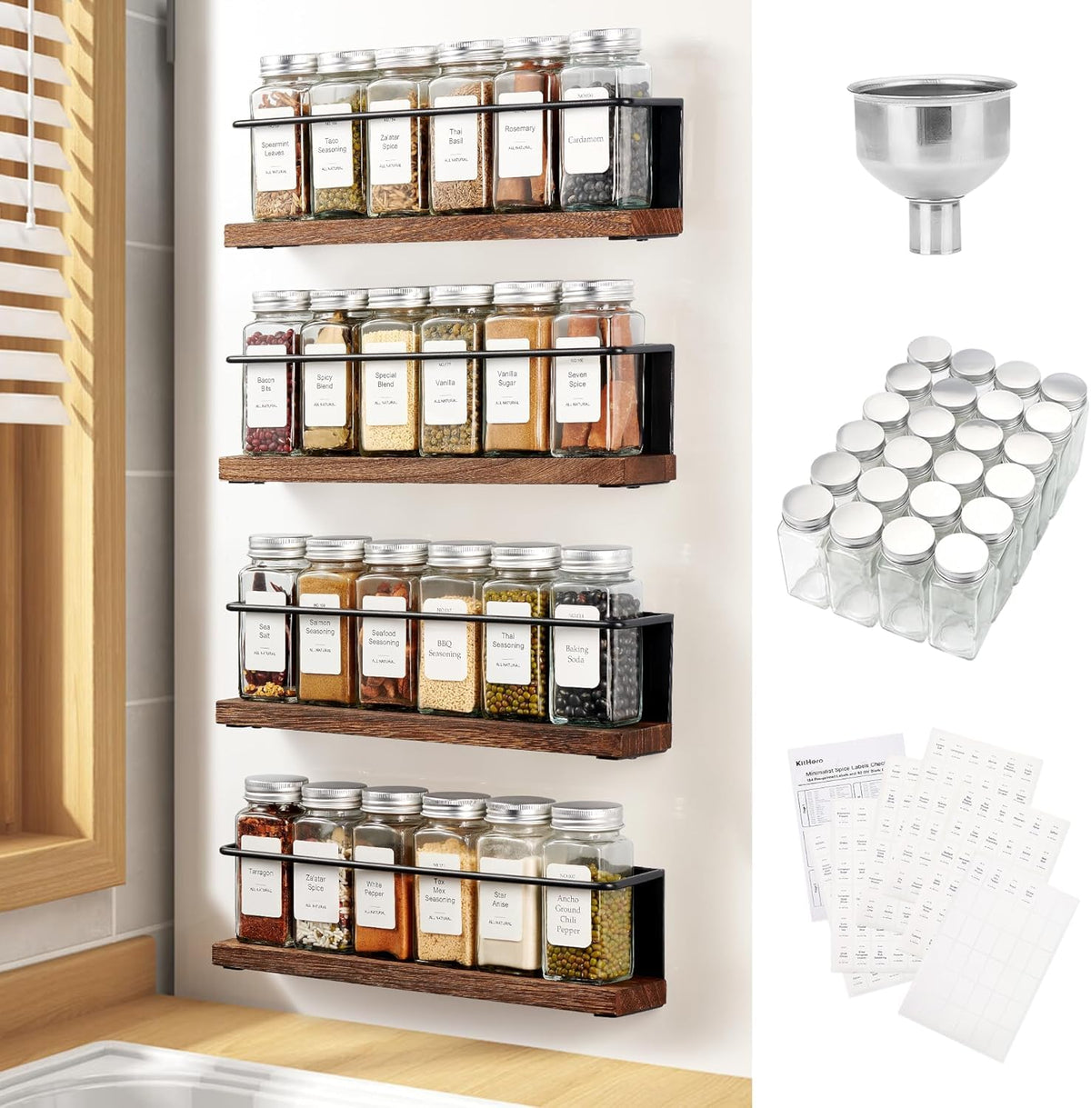 KitHero magnetic spice rack front view showing organized spices on a metal surface