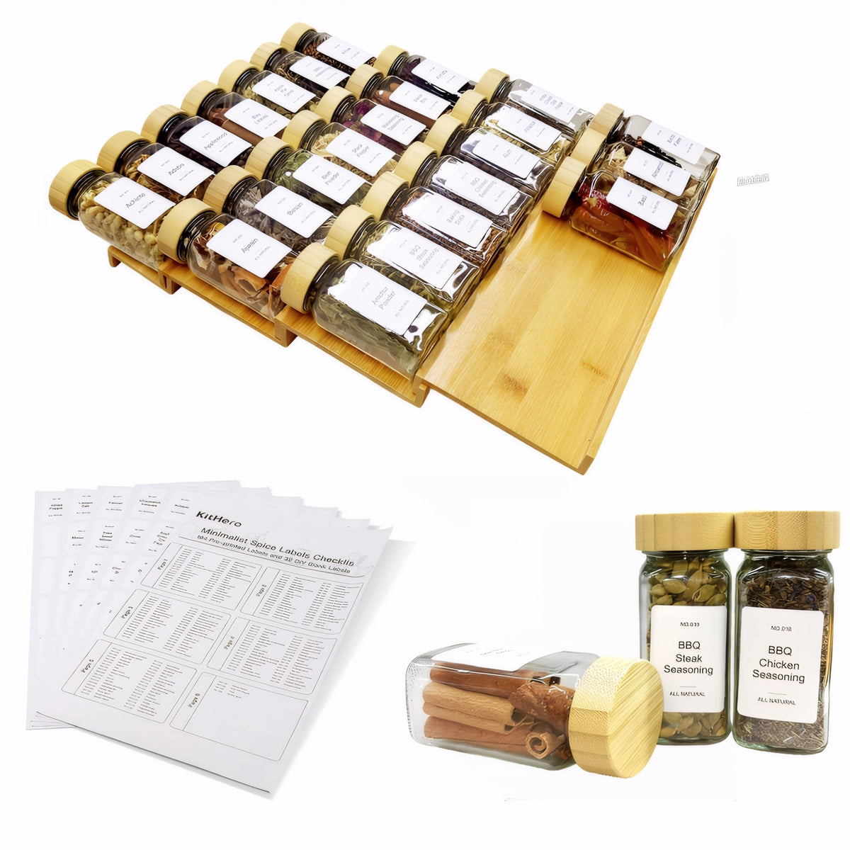 KitHero spice drawer organizer in a four-tier setup for organized drawer storage