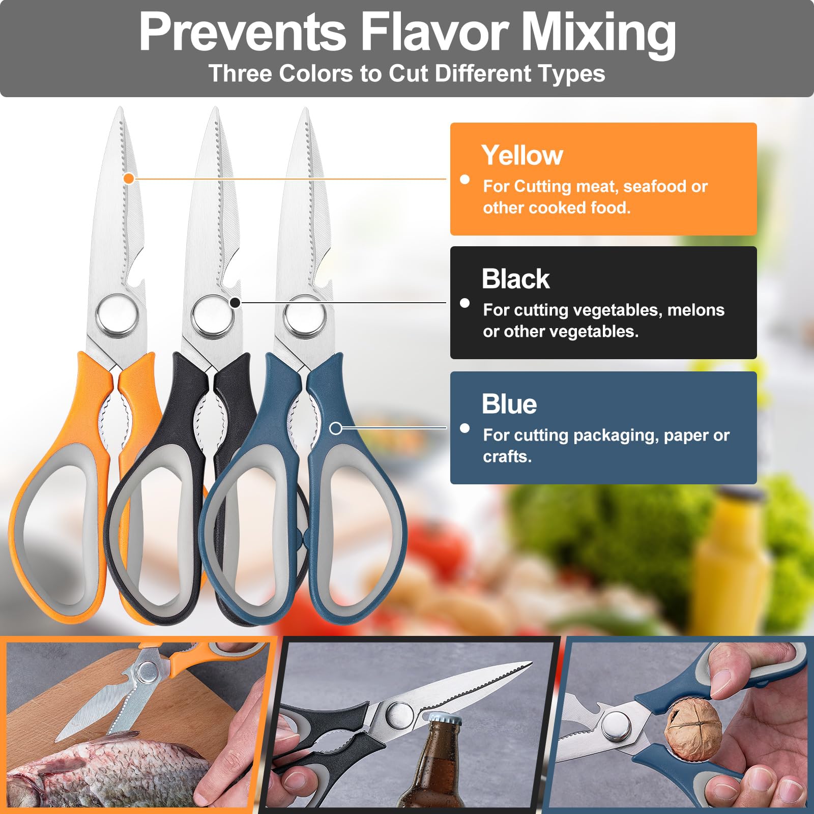KITNATS 3-pack kitchen shears disassembled for easy cleaning after use.