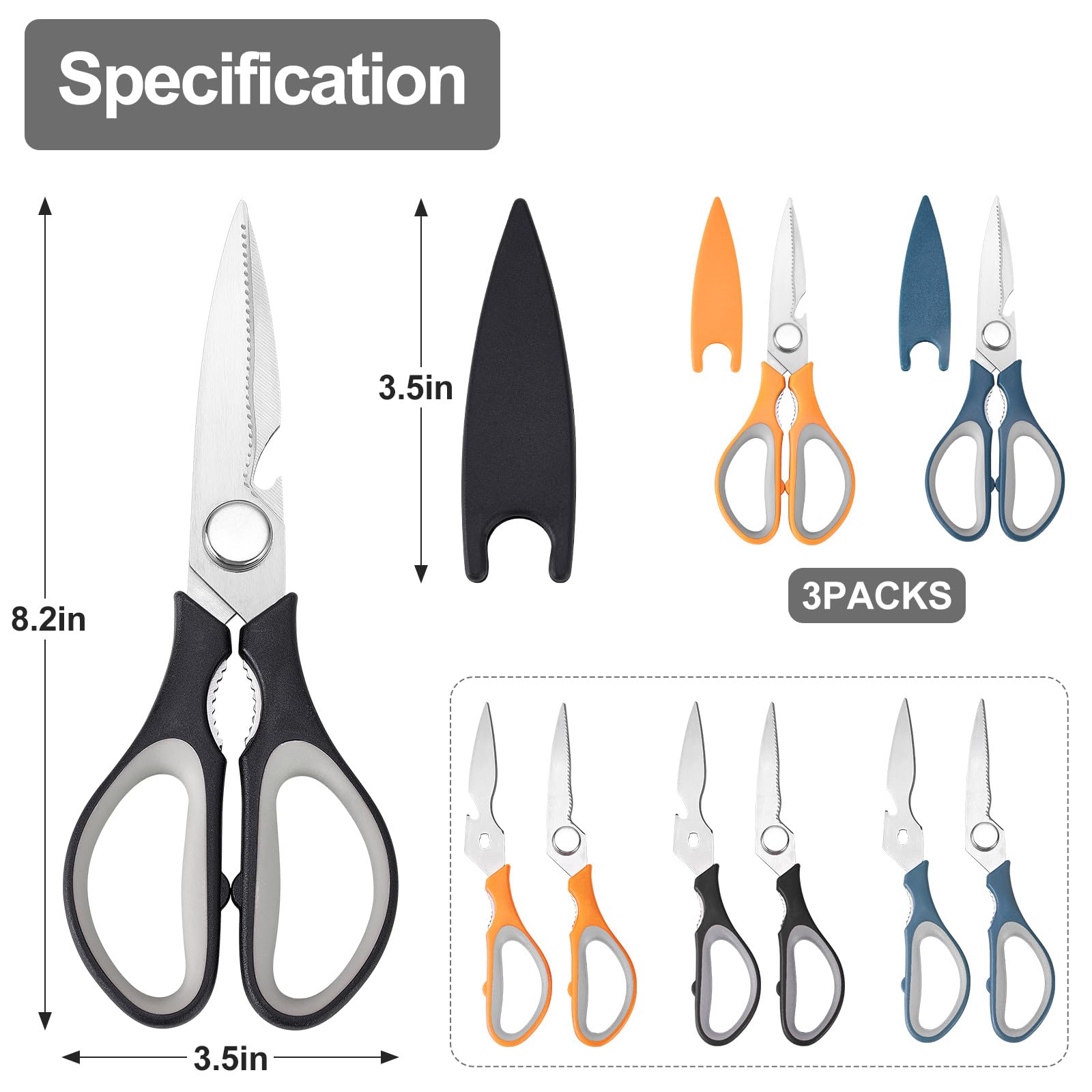 KITNATS 3-pack kitchen shears ideal for fish scale removal and seafood prep.