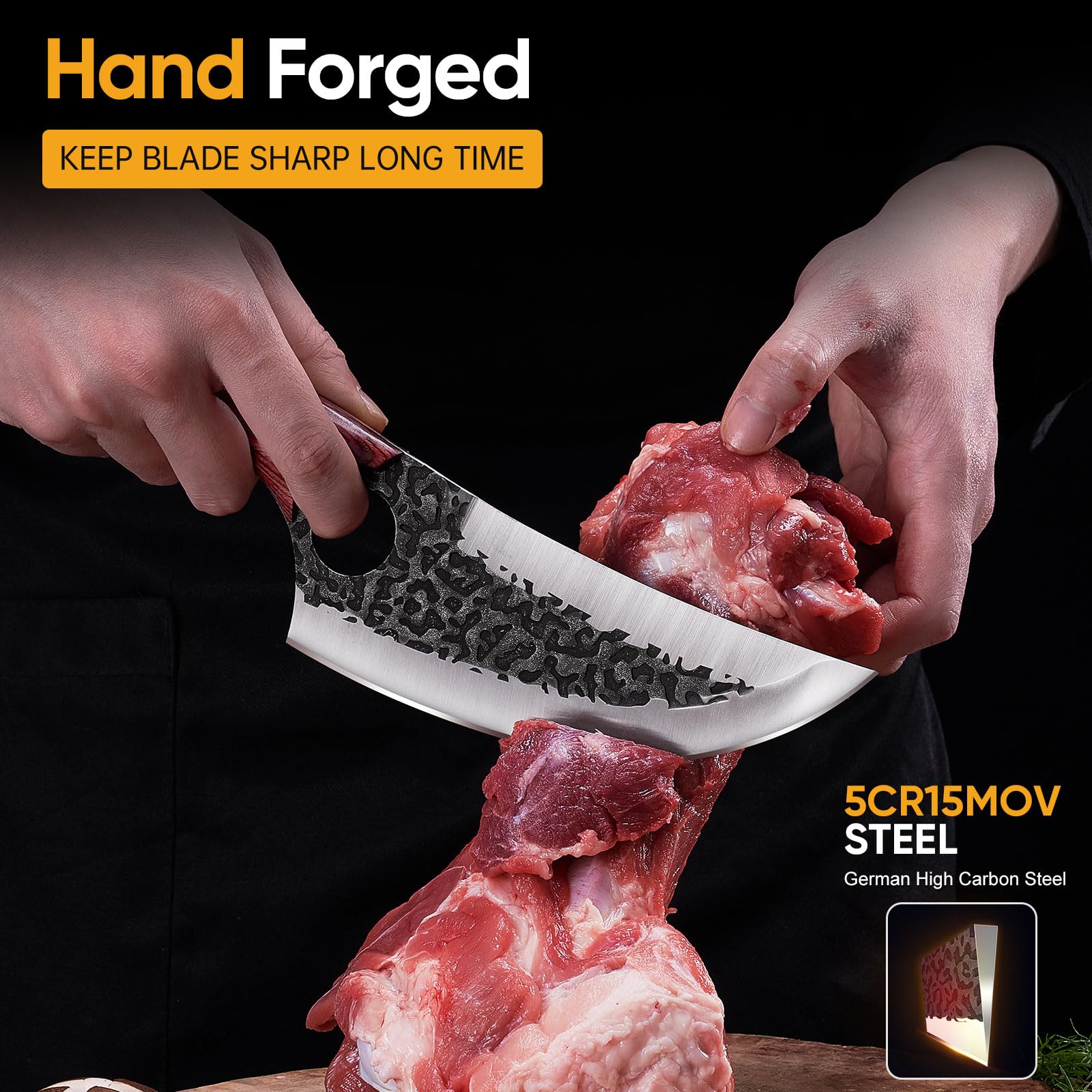 KITNATS hand-forged hammered steel texture reduces sticking during cuts.