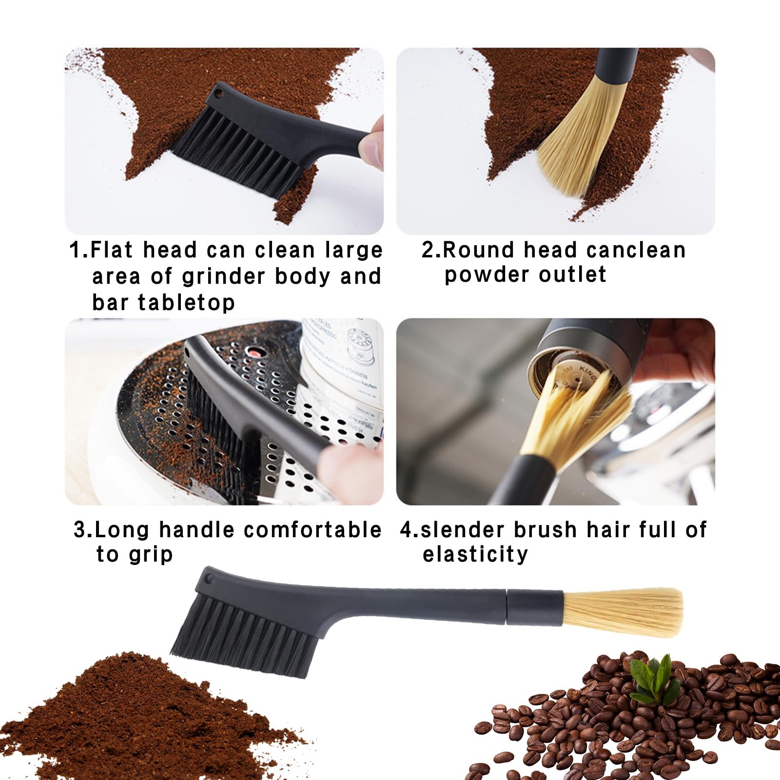Kitnish espresso brush with tilt design keeps hands cool while rinsing.