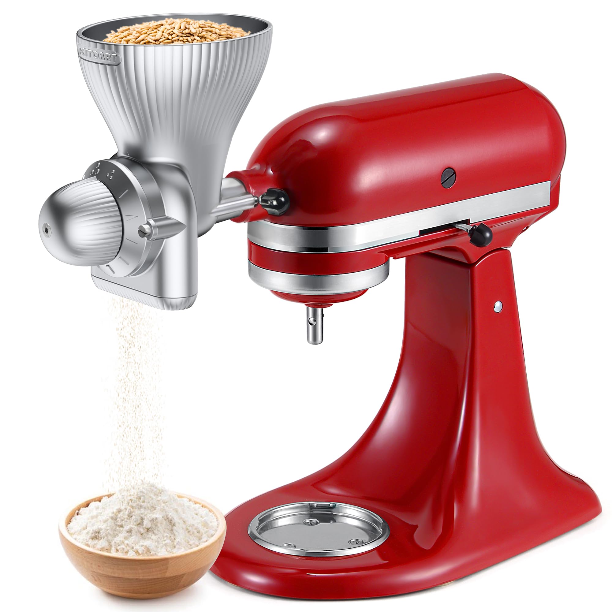 KITOART all-metal grain mill attachment mounted on a KitchenAid mixer, ready for precise grinding.