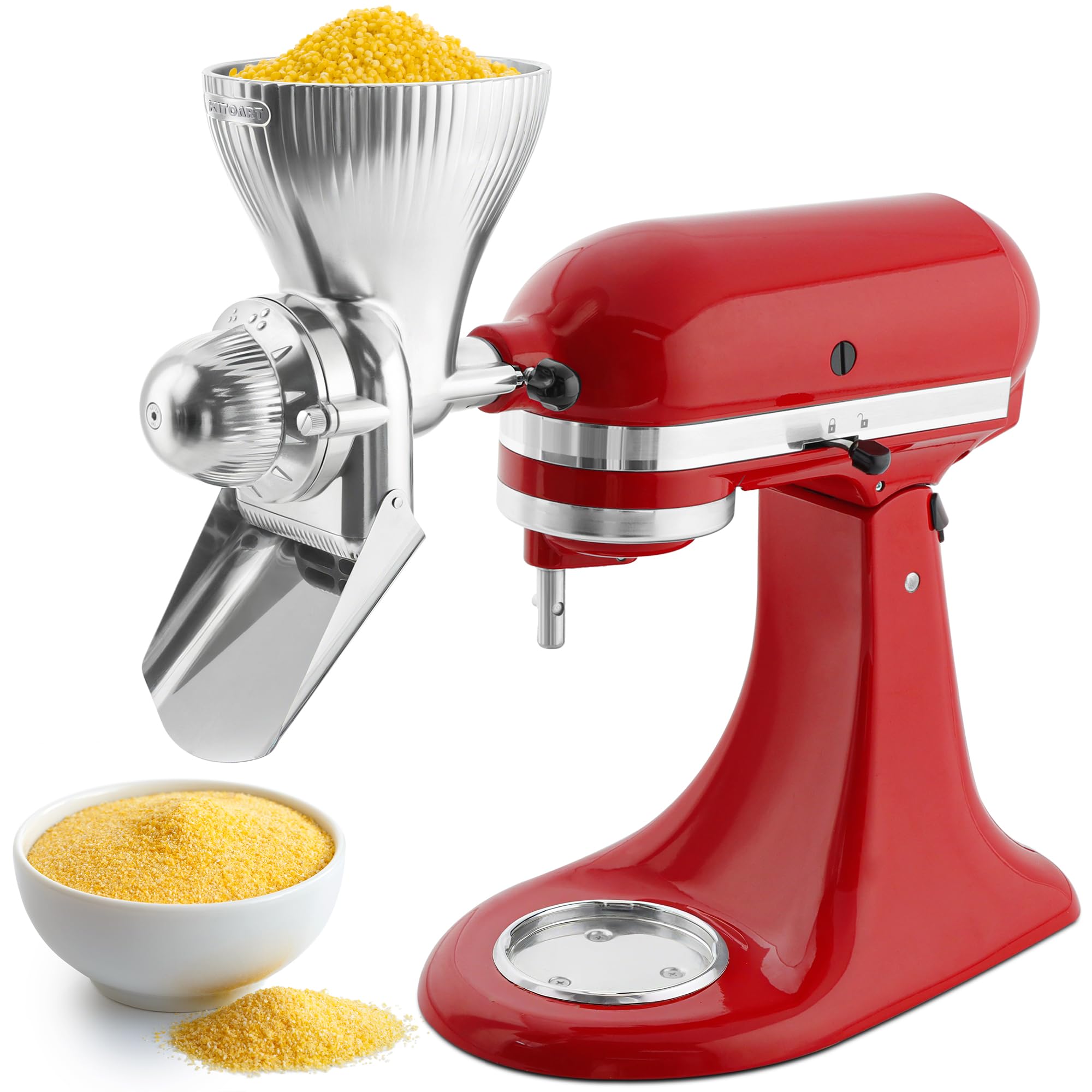 KITOART grain mill attachment mounted on KitchenAid for steady grinding