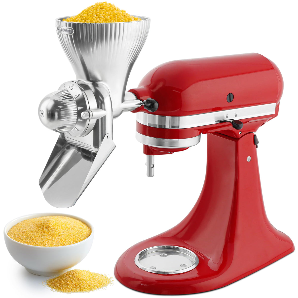 KITOART grain mill attachment mounted on KitchenAid for steady grinding