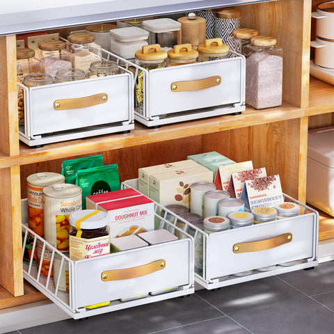 Kitstorack adhesive nano film secures organizer quickly for frameless cabinets.