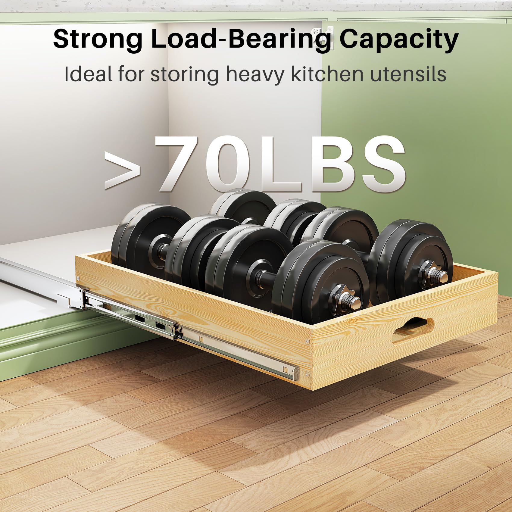 Kitstorack 70 lb capacity hardware supports heavy pots and pans securely.