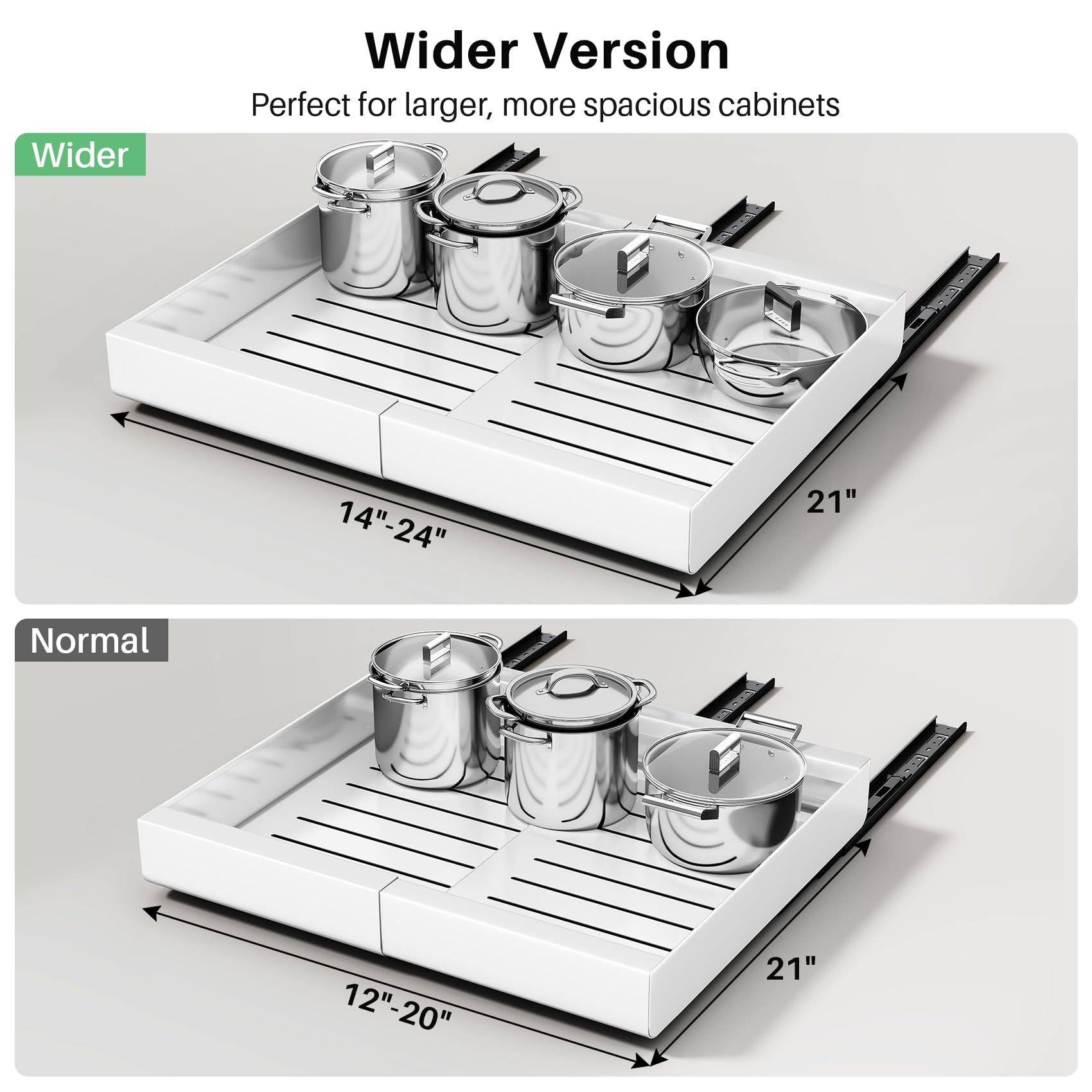 Kitstorack heavy-duty metal slide provides smooth glide for heavy cookware