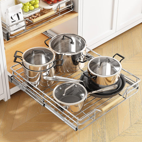 Kitstorack pullout cabinet organizer drawer extended for full access to cookware.