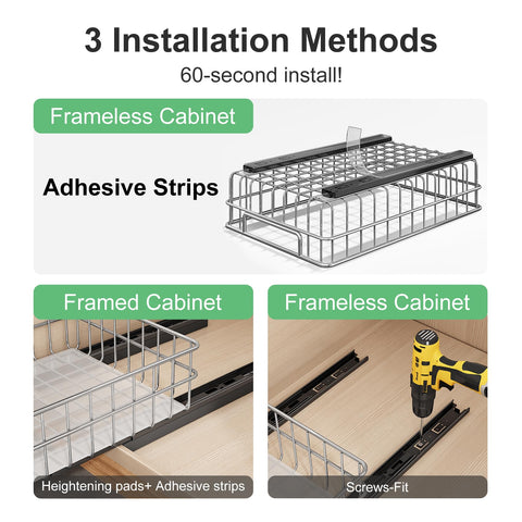 Kitstorack raising pads fit framed cabinets for flexible mounting.
