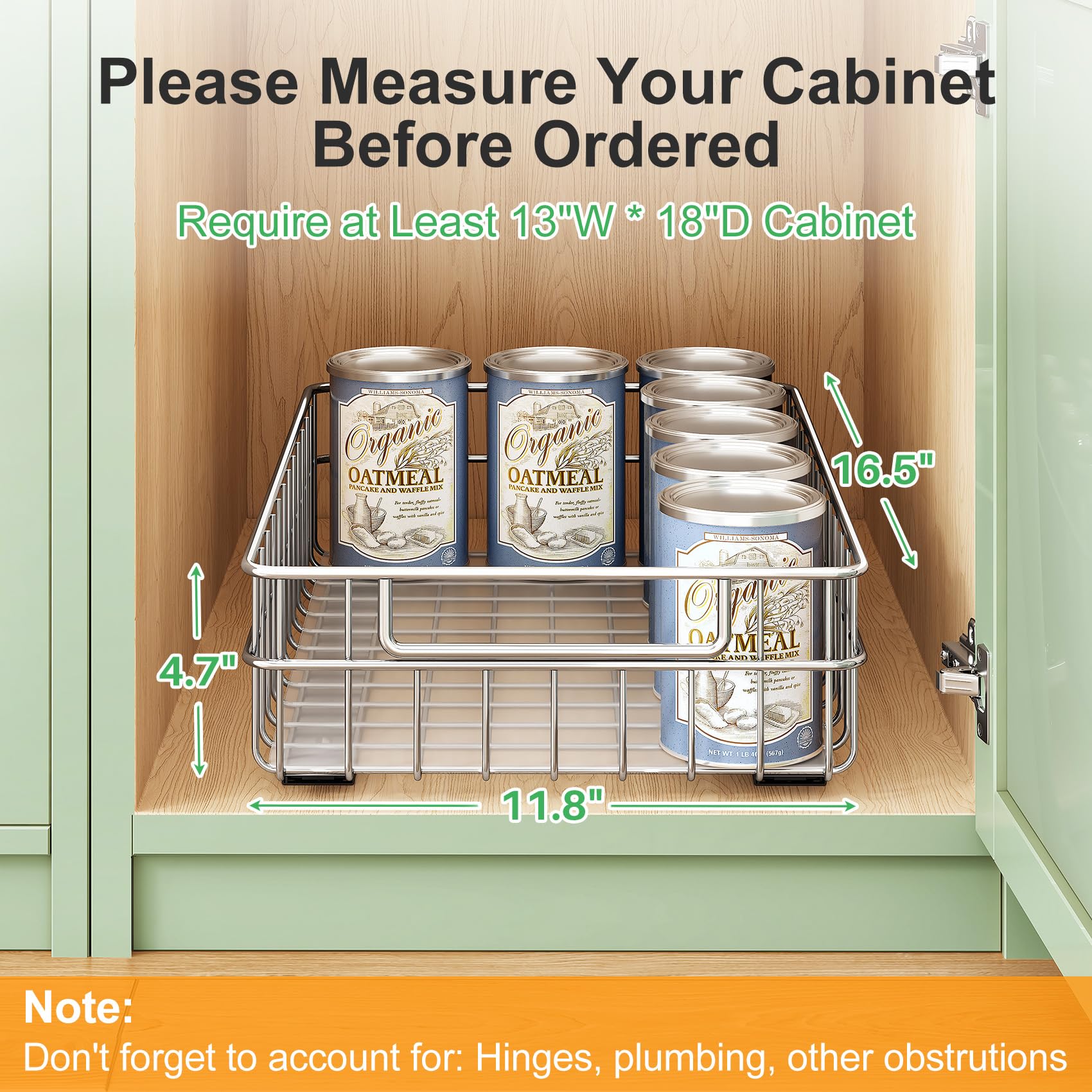 Kitstorack silent full-extension slides provide smooth, quiet access to pantry items.