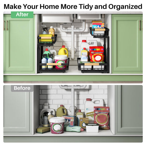 Kitstorack sliding cabinet organizer fits bathrooms, pantries, and closets.