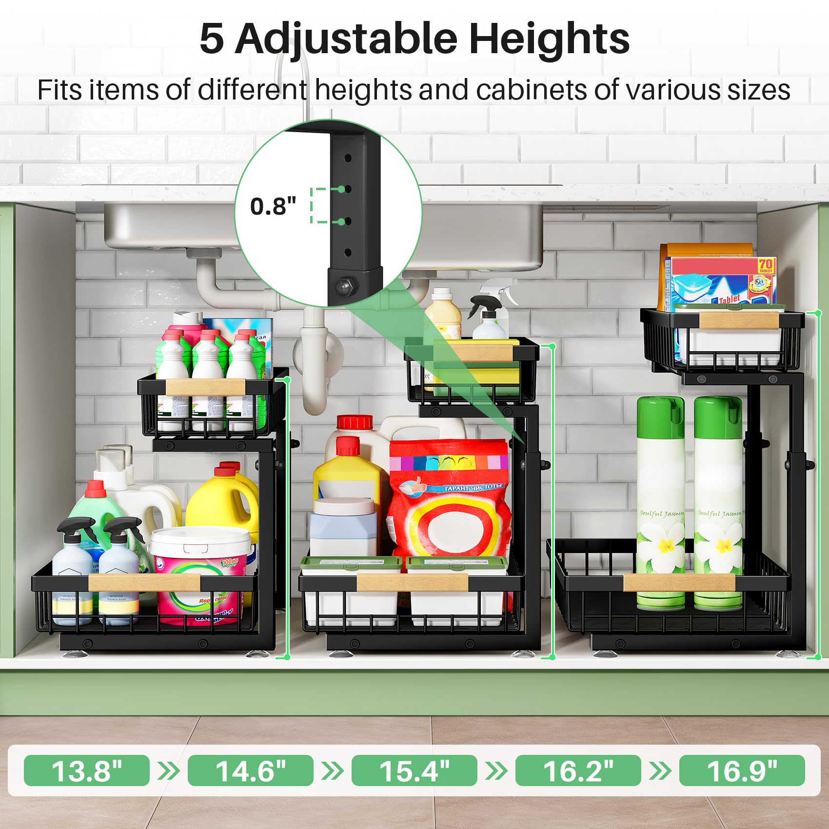 Kitstorack two-level stand organizing cleaning supplies neatly under sink.