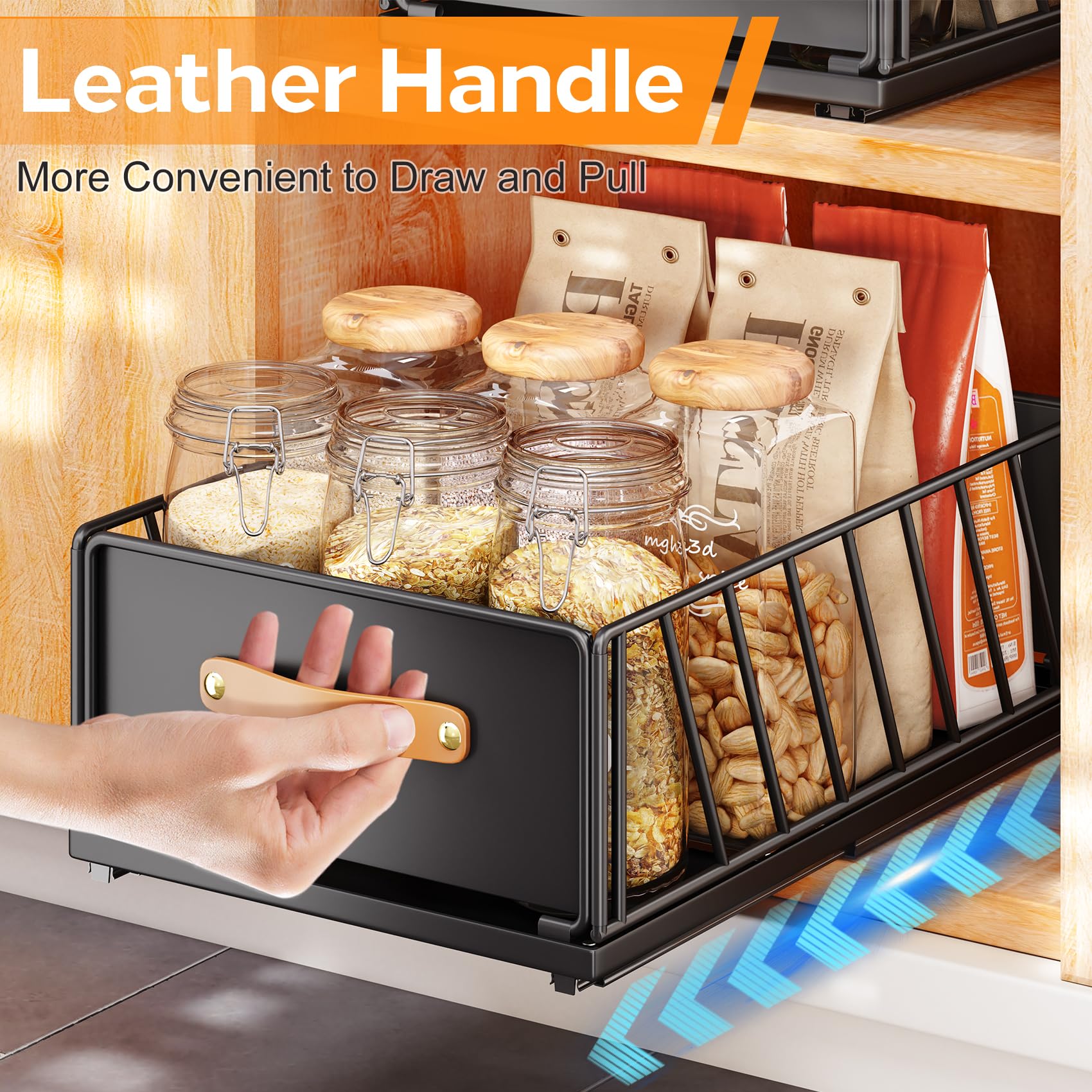Kitstorack under-sink organizer keeps loose items neat and reachable.