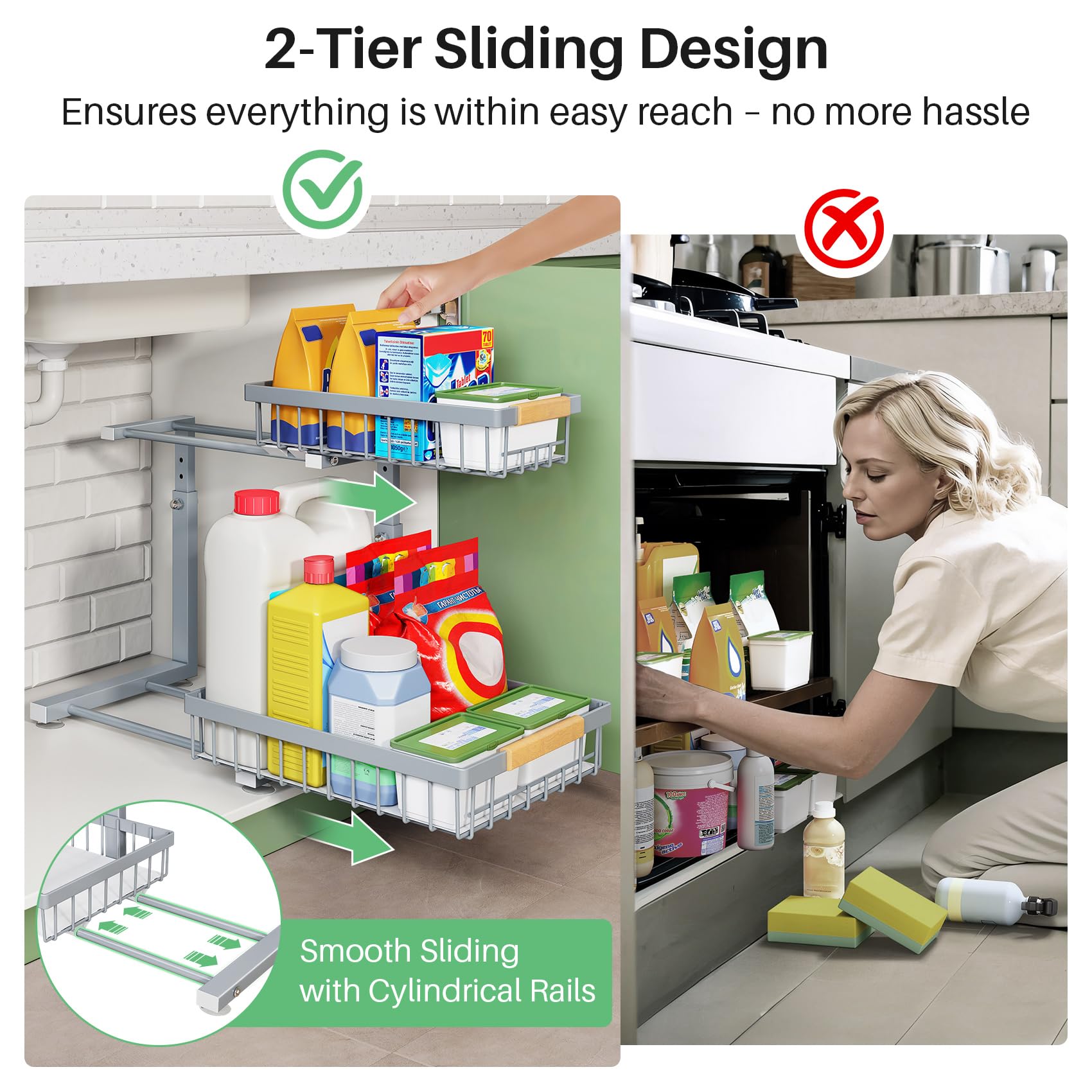 Kitstorack adjustable height supports tall bottles and varied containers.