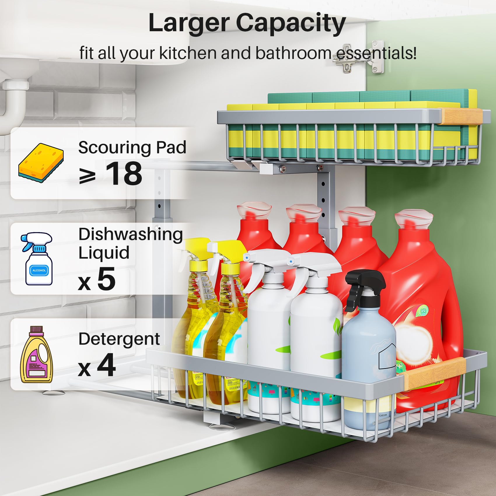 Kitstorack under-sink organizer uses nano films to stabilize the unit under the cabinet.