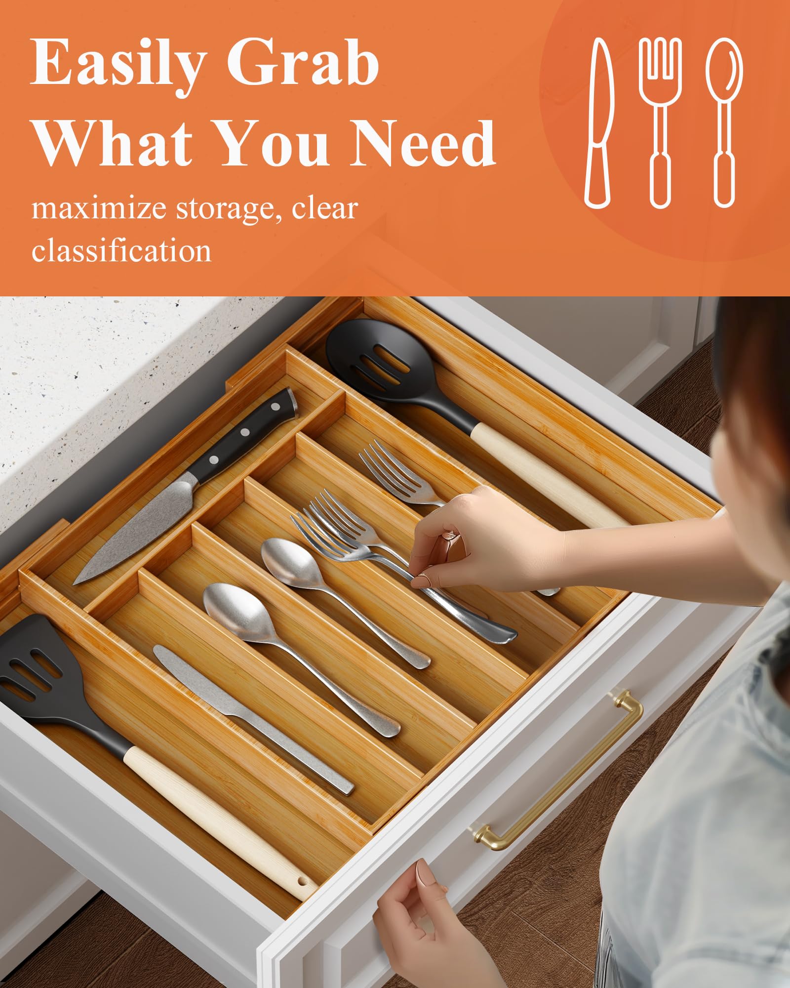 Kitsure 6-8 slot kitchen organizer maintains tidy storage for silverware and tools.
