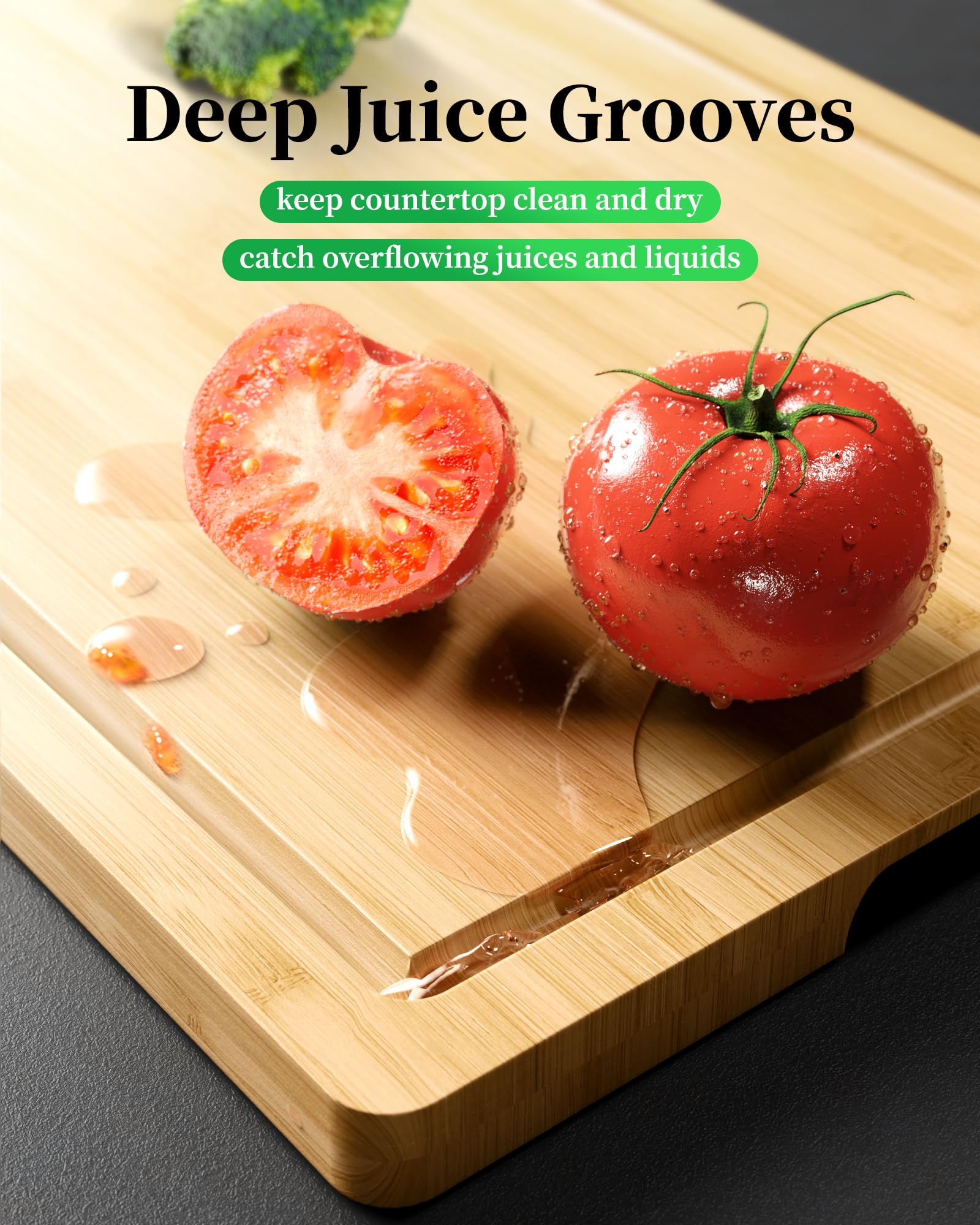 Kitsure cutting board with deep juice groove catches liquids and keeps counters clean