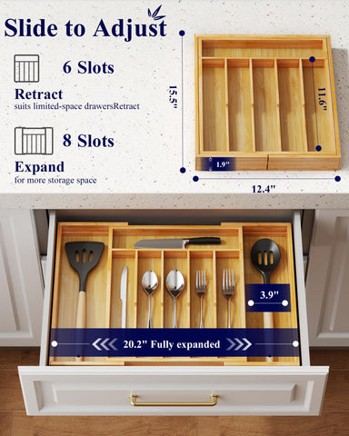 Kitsure bamboo drawer organizer highlights reinforced structure and wipe-clean coating for durability.