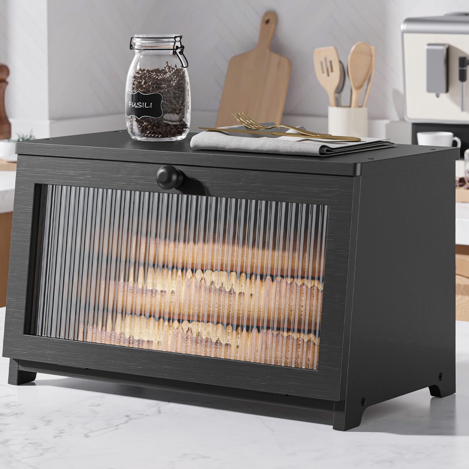 Kitsure bread box front view shows generous capacity on a stylish kitchen counter.