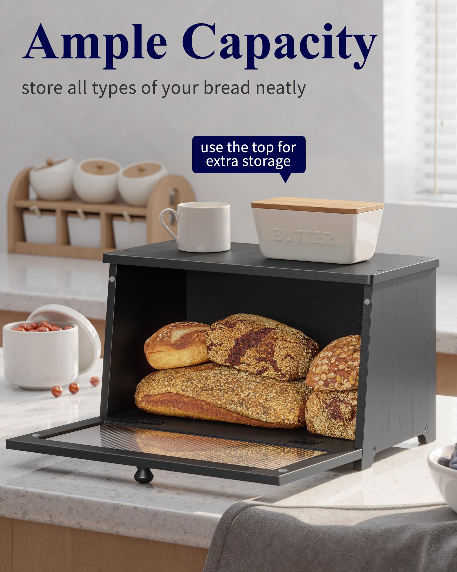Kitsure bread box magnetic acrylic door demonstrates easy access and visibility.