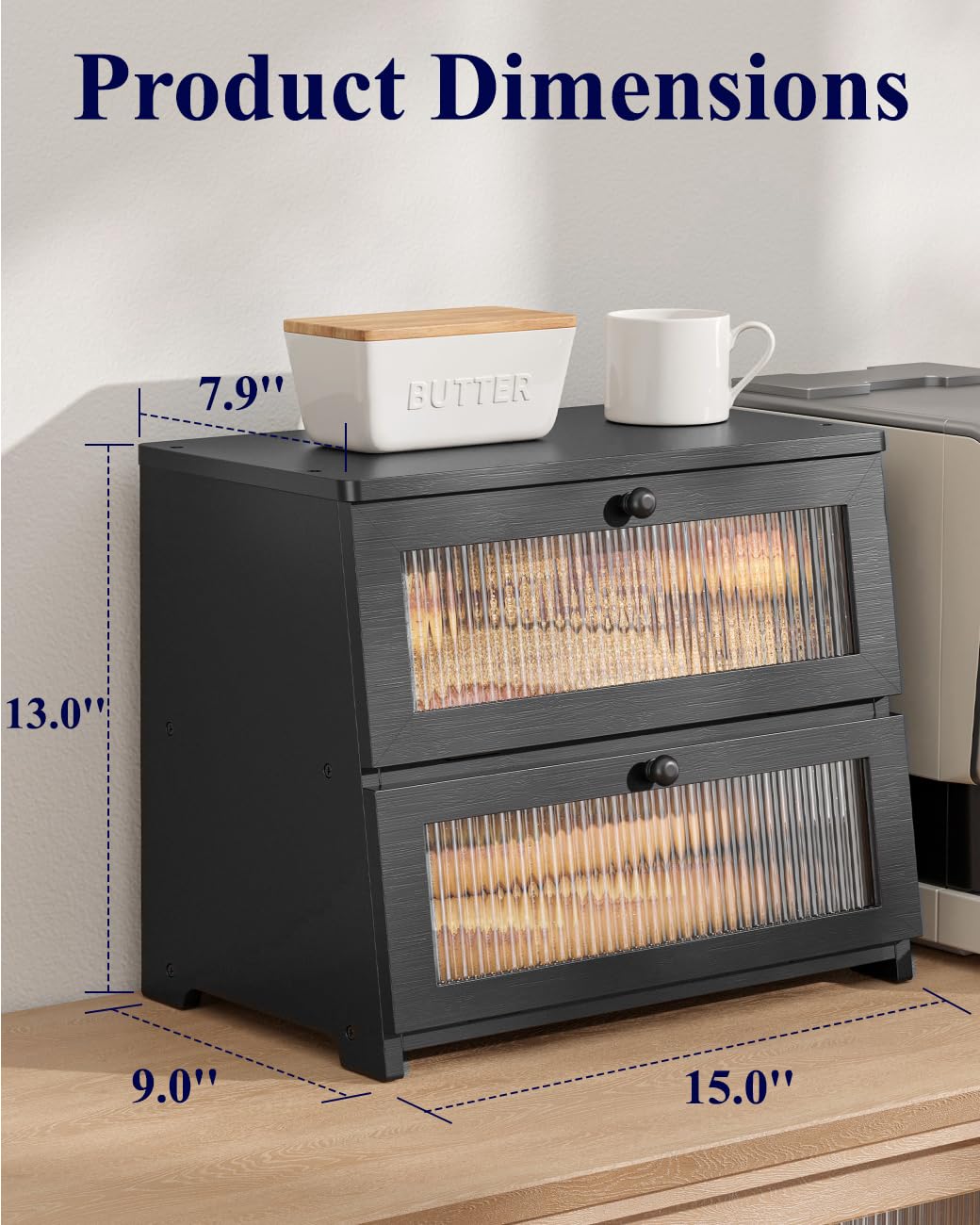 Kitsure bread box window allows quick content checks while preserving freshness.